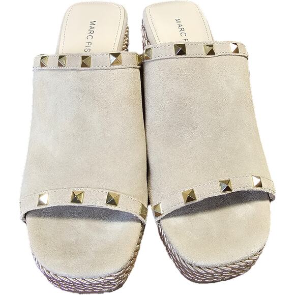NWOT Marc Fisher Nude Suede Wedge Platform Espradille Sandals Studs Boho 8.5 - Picture 3 of 12